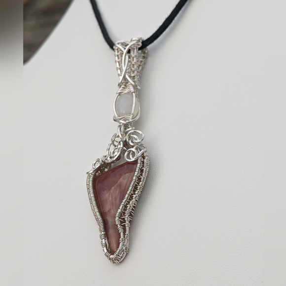 Sterling Silver Moonstone And Strawberry Rhodochrosite Pendant Necklace Handmade - Picture 7 of 17